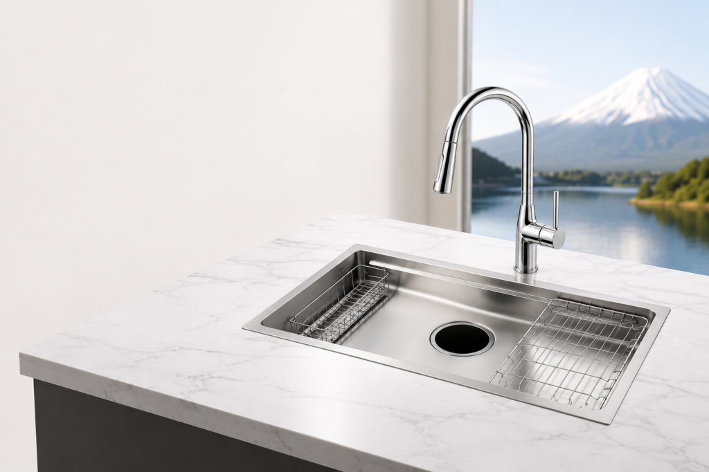 Combo chậu rửa bát Shigeru và vòi rửa KVK đẹp hoàn mỹ