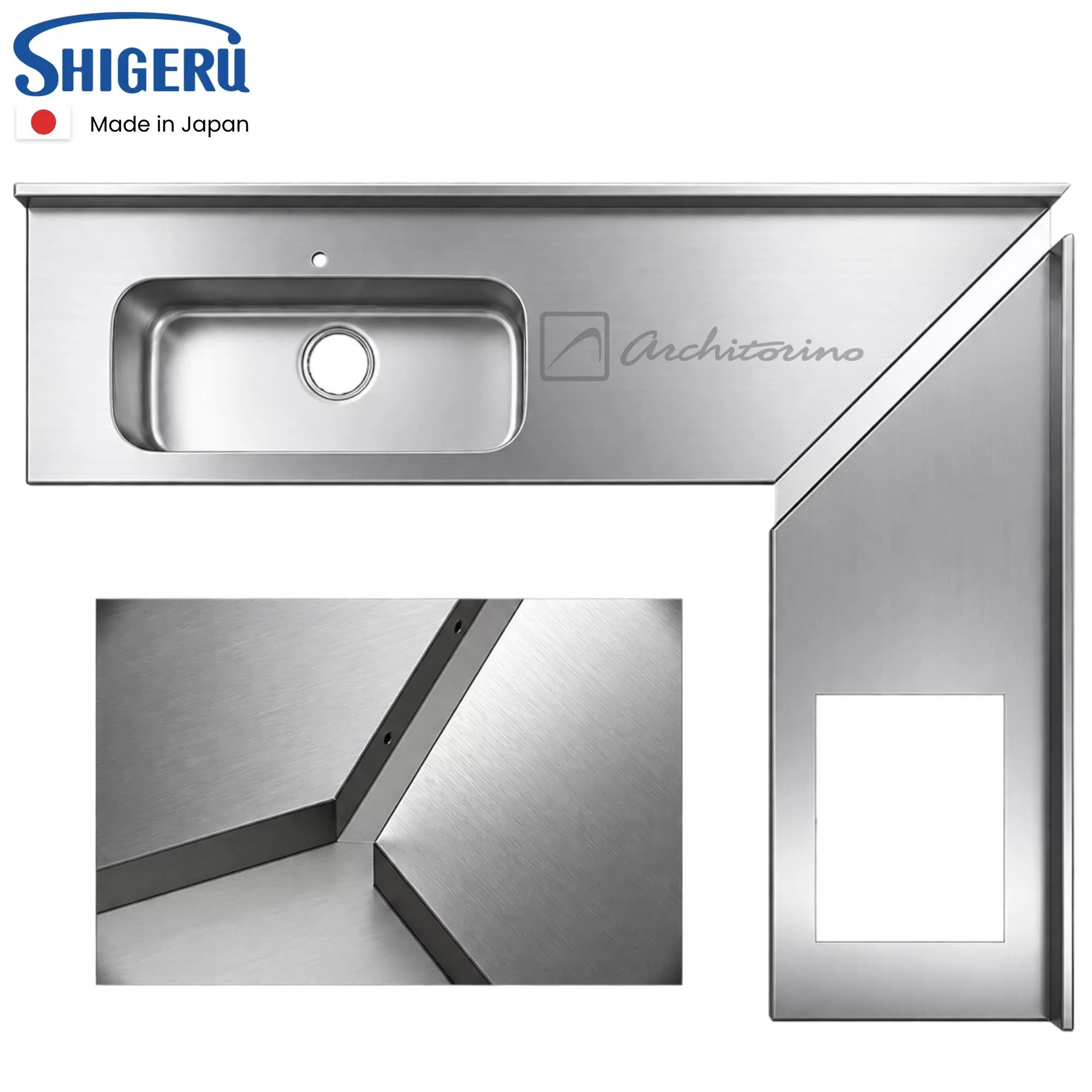 Mặt Bàn Liền Khối Shigeru Chữ L Inox SUS304 Made In Japan